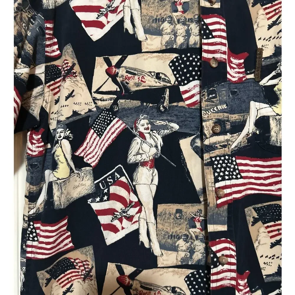 North River Red White Blue Planes Flags Short Sleeve Button Down‎ Shirt Size L